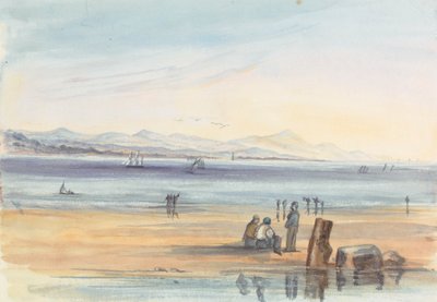 Figuurit rannalla, jossa on vuoria kaukana tekijältä Unknown artist