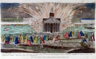 Ilotulitteet ammuttiin Place de Louis XV:llä 30. toukokuuta 1770, kun Louis Auguste, Ranskan Dauphin, solmi avioliiton arkkiherttuatar Marie Antoinetten, keisarin sisaren, kanssa. Kaiverrus 1700-luvun lopulla. tekijältä Unknown artist