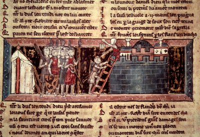 Ensimmäinen ristiretki: "Ristiretket saapuvat ennen Jerusalemia". Miniatyyri elokuvasta "" Chevalier au Swan et Godefroi de Bouillon"" tekijältä Unknown artist