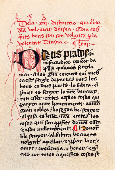 Katalonian filosofi ja mystikko Ramon Llull (Raymond Lulle) "Jumalan mietiskelyn kirjan" (Vapaa Jumalan mietiskelystä) painoksen ensimmäinen sivu. tekijältä Unknown artist