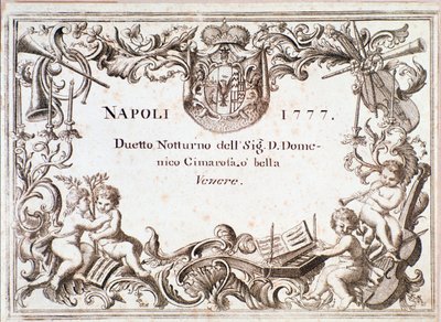 Ensimmäinen sivu O bella veneren partituurista, Domenico Cimarosan teoksessa Armida imaginaria, n. 1777 tekijältä Unknown artist
