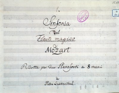 Sinfonian partituurin ensimmäinen sivu on alennettu kahteen pianoon ja kahdeksaan käteen Mozartin oopperan Die Zauberflote, Lichtenthal-versio (1800-luku) tekijältä Unknown artist