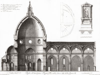 Firenze, Italia. Duomo ja Santa Maria del Fioren katedraali. Poikkileikkaus katedraalista. 1800-luvun kaiverruksen jälkeen (kaiverrus) tekijältä Unknown artist
