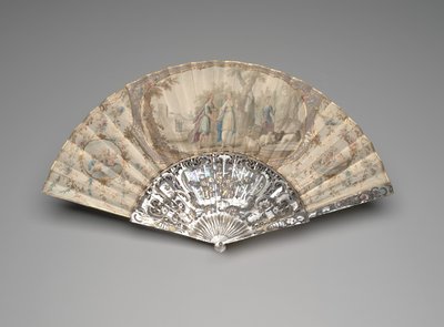 Kokoontaittuva tuuletin, jossa Jacob tapaa Rachelin kaivon äärellä, n. 1760-70 luvut (guassi & akvarelli pergamenttilehdellä, helmiäinen, kultaus ja liitä jalokiviä) tekijältä Unknown artist