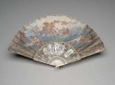 Kokoontaittuva tuuletin "Auringon lasku" François Boucherin mukaan, vuoden 1753 jälkeen (guassi ja w/c yksittäisessä perunalehdellä, norsunluu, kultaus, guassi, helmiäinen ja tahnakivi) tekijältä Unknown artist