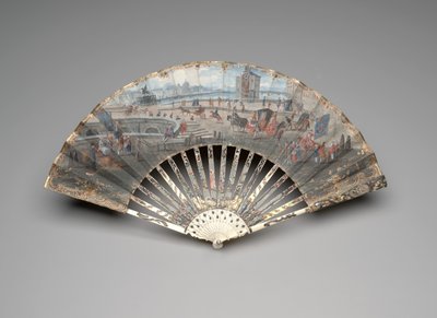 Kokoontaittuva tuuletin, josta on näkymät Pont Neufiin, n. 1755-1760 (guassi ja akvarelli kaksoisvellumlehdellä, norsunluu, kultaus, guassi, helmiäinen ja tahna jalokivi) tekijältä Unknown artist