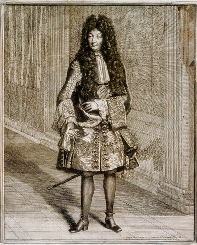 Kuningas Ludvig XIV:n jalkakuva, joka tunnetaan Aurinkokuninkaana (1638-1715). 1700-luvun kaiverrus. Madridin kansalliskirjasto. tekijältä Unknown artist