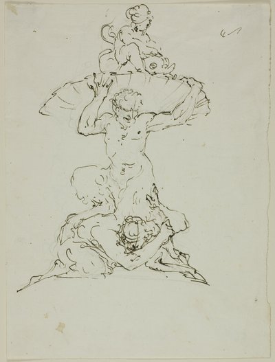 Suihkulähde, jossa on satiiri ja putto (etusivu); Punchinello (kääntöpuoli). tekijältä Unknown artist