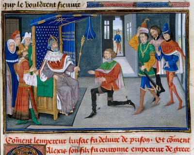Neljäs ristiretki: Aleksis IV Angelin (1182-1204) esitys on keisarin kruunu isänsä Iisak II:n rinnalla saatuaan hänet pois vankilasta vuonna 1203. Miniatyyri David Aubertin "" Chronicle abregee -kirjasta" tekijältä Unknown artist