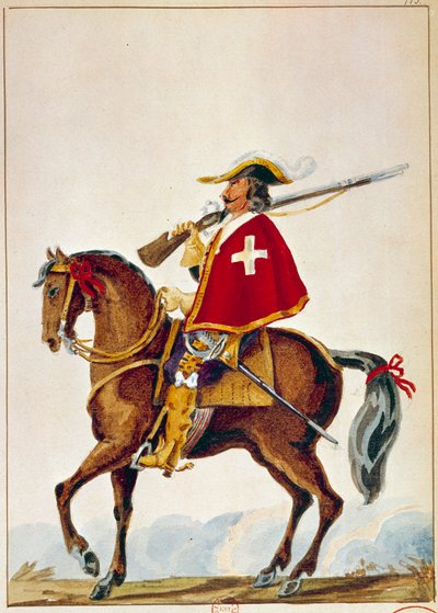 Ranskalainen Armee: De Valmont, kardinaali Richelieun vartijan muskettisoturi. Kaiverrus 1600-luvulta. Paris, B N tekijältä Unknown artist