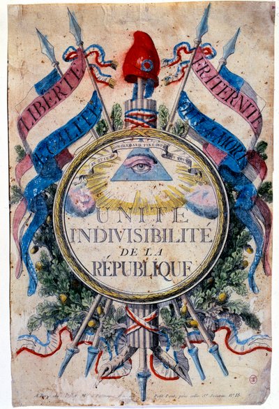 Ranskan vallankumous: "" Liberte, tasa-arvo, veljeys tai kuolema. Yhdistä tasavallan jakamaton", vallankumoukselliset symbolit tekijältä Unknown artist