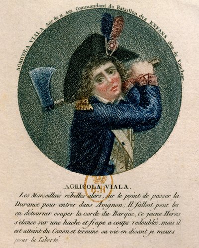 Ranskan vallankumous: muotokuva nuoresta Joseph Agricol Vialasta (1780-1793), joka osallistui Marseillen kapinaan vuonna 1793. Hän on edustaja, jolla on kirves. 1700-luvun Pariisi, B.N tekijältä Unknown artist