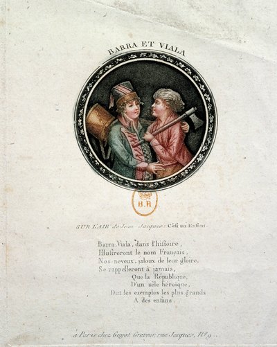 Ranskan vallankumous: Barran ja Vialan edustus. Joseph Agricol Viala (1780-1793) ja Joseph Bara (1780-1793), Ranskan vallankumouksen sankarilapset, jotka taistelivat Marseillessa ja Vendeessä tasavallan puolesta. Kaiverrus 1700-luvulta tekijältä Unknown artist