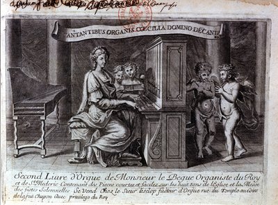 Nicolas Lebèguen toisen urkukirjan etupuoli. Ranskalainen säveltäjä 1631 - 1702. Urkuristi palvelee Louis XIV:tä. Pariisin BNF tekijältä Unknown artist