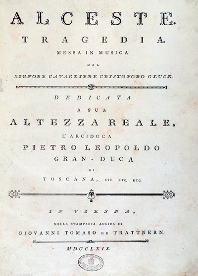 Alcesten nuottien etukappale, C. W. Gluckin ooppera tekijältä Unknown artist