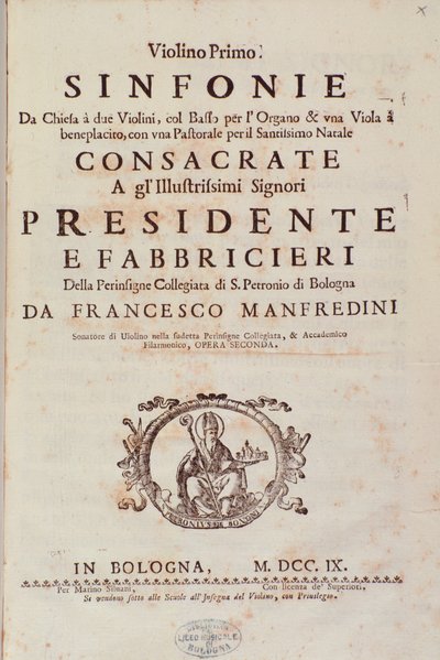 Francesco Manfredinin sävellys Sinfonia da chiesasta ja kahdesta viulusta tekijältä Unknown artist