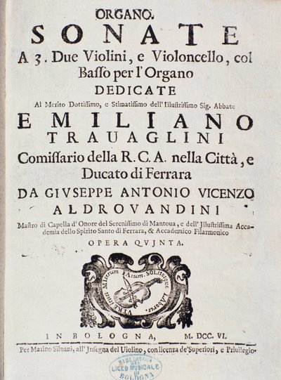 Sonaatti 2 viululle, sellolle ja uruille, op. 5 "", kirjoittanut Giuseppe Aldrovandini tekijältä Unknown artist
