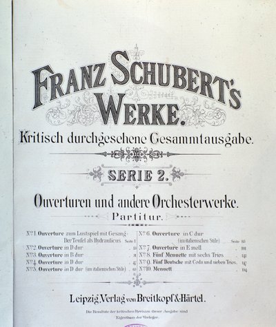 Franz Schubertin useiden alkusoittojen nuottien etukappale tekijältä Unknown artist