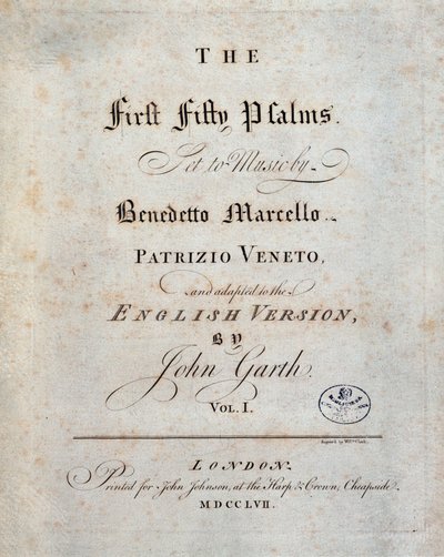 Benedetto Marcellon viidenkymmenen ensimmäisen psalmin etukappale tekijältä Unknown artist