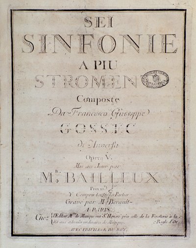 Sei sinfonie a piu strumenti op. partituurin etukappale. 5 (ensimmäinen sinfonia), kirjoittanut Francois Joseph Gossec tekijältä Unknown artist