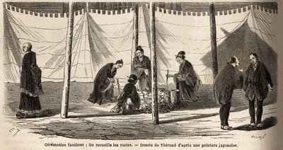 Hautajaiset: polton jälkeen jäännösten kerääminen. Kaiverrus havainnollistamaan matkaa Japaniin vuosina 1863-1864, Sveitsin valaliiton ministeri Aime Humbert "Le tour du monde, nouveau journal des voyages" -julkaisussa, joka julkaistiin johdolla. tekijältä Unknown artist