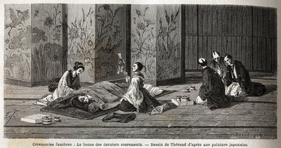 Hautajaiset: viimeisten sakramenttien munkki. Kaiverrus havainnollistamaan matkaa Japaniin vuosina 1863-1864, Sveitsin valaliiton ministeri Aime Humbert, Edouarin johdolla julkaistussa "Le tour du monde, nouveau journal des voyages" -julkaisussa. tekijältä Unknown artist