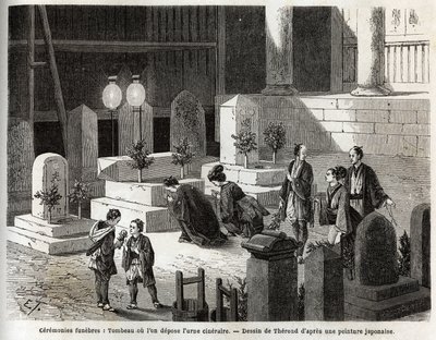 Hautajaiset: hauta, johon uurna sijoitetaan. Kaiverrus havainnollistamaan matkaa Japaniin vuosina 1863-1864, Sveitsin valaliiton ministeri Aime Humbert "Le tour du monde, nouveau journal des voyages" -julkaisussa, joka julkaistiin tekijältä Unknown artist