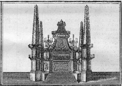 Paavin hautajaiset 1700-luvulla: edesmenneen paavin katafalkki. Kaiverrus kirjaan "Histoire des religijs"". tekijältä Unknown artist