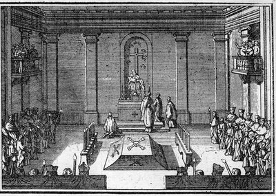 Paavin hautajaiset 1700-luvulla: obsekkien seremonia. Kaiverrus kirjaan "Histoire des religijs"". tekijältä Unknown artist