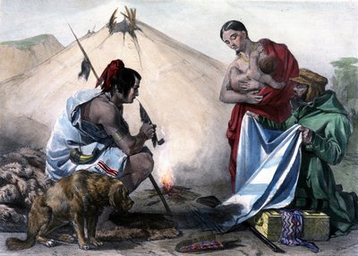 Kangasvaihtokauppa Kanadan huroniintiaanien ja valkoisen miehen välillä - Coke Smythin, Lontoon teoksessa "" Shythin luonnokset Kanadassa" tekijältä Unknown artist
