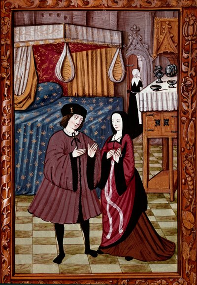 Mahtava kohtaaminen makuuhuoneessa Luultavasti Jean III de Brushin ja Louise de Lavalin rakkaus. Miniatyyri käsikirjoituksesta ms. 1475 tekijältä Unknown artist
