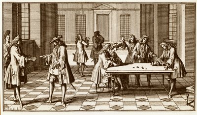 Pelihuone 1700-luvulla - Sebastien Le Clercin kaiverrus Pierre Remond de Montmortin kirjassa "Essay d