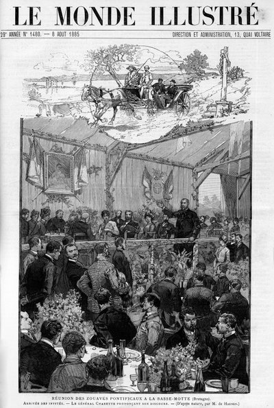 Kenraali Charetten puhe paavillisten zouavien kokouksessa Bretagnen Basse Mottessa, teoksessa "The Illustrous World 1885". tekijältä Unknown artist
