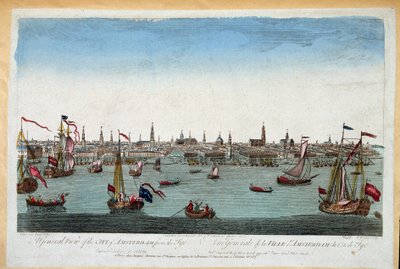 Yleiskuva Amsterdamista mereltä otettu 1700-luku (kaiverrus) tekijältä Unknown artist
