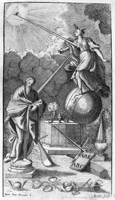 Giambattista Vico. Kutsutaan myös Giovanni, Gian Battista, Jean Baptiste tai Jean-Baptiste. Antiporta (väärä nimike) "La Scienza Nuova" -julkaisusta, Napoli 1744. tekijältä Unknown artist