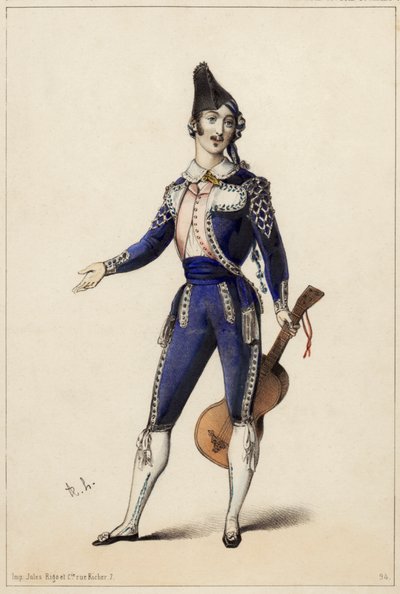 Giorgio Ronconi Figaron roolissa Gioacchino A. Rossinin oopperassa Sevillan parturi tekijältä Unknown artist