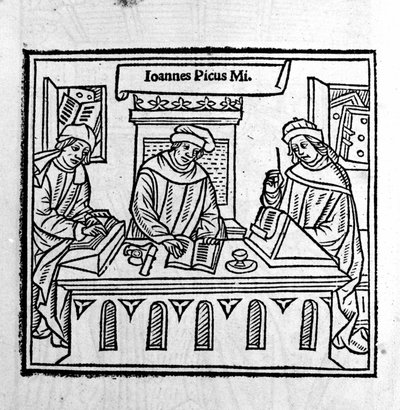 Giovanni Pico della Mirandola (Jean Pic de la Mirandole) kahden opetuslapsensa kanssa - kirjassa "Epistole auree" vuodelta 1555 tekijältä Unknown artist