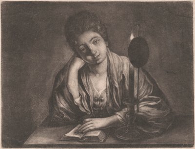 Tyttö lukee kynttilän valossa tekijältä Unknown artist