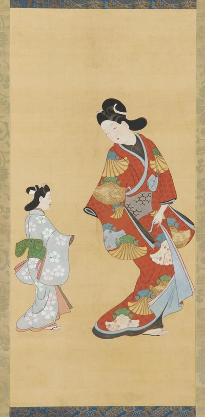 Tyttö helakanpunaisessa ja kultaisessa mekossa lapsen kanssa tekijältä Unknown artist