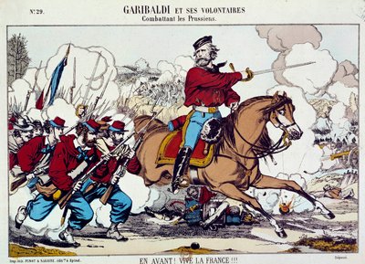 Giuseppe Garibaldi (1807-1882) taistelee vapaaehtoisineen preussialaisia vastaan. "Eteenpäin, eläköön Ranska" Noin 1871. Kaiverrus B.N. Pariisi tekijältä Unknown artist