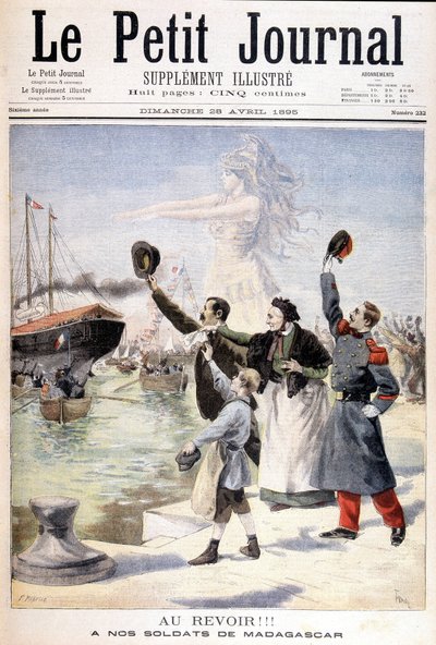 Hyvästi sotilaillemme Madagaskarilta: Ranskan retkikunnan lähtö Madagaskarille - "" Le Petité Journal" -lehdessä 28.4.1895 tekijältä Unknown artist