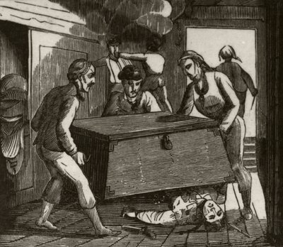 "Gordon ja hänen toverinsa painavat ranskalaisen kapteenin kuoliaaksi suurella rinnalla", n. 1836 tekijältä Unknown artist