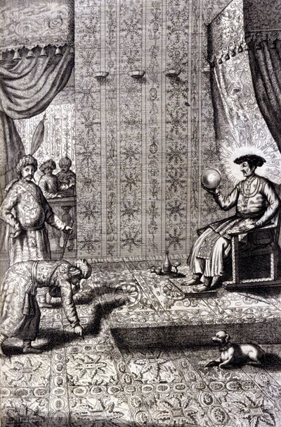 Grand Moghol (Mogol tai Moghul) (todennäköisesti Aurangzeb (1618-1707), joka tunnetaan myös nimellä Alamgir): Throne Hall. Athanasius Kircherin (1601 - 1680), jesuiitta, orientalisti ja saksalainen tutkija, "De China Monumenta", Amsterdam 1667. tekijältä Unknown artist