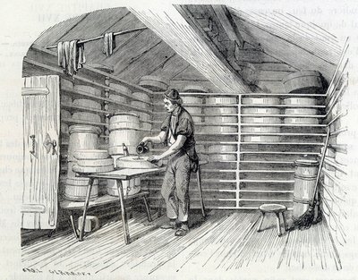 Gruyère-juustokauppa sveitsiläisessä chalet-mökissä (kuoren pesu) - Louis Figuierin "" Alan ihmeissä" -osassa tekijältä Unknown artist