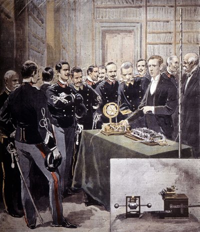Guglielmo Marconi esitteli langattoman lennätin (TSF) laivastoministeriön konferenssissa vuonna 1897. tekijältä Unknown artist