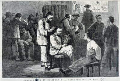 Kampaamo Kalifornian kiinalaisessa yhteisössä - kaiverrus tekijältä Unknown artist