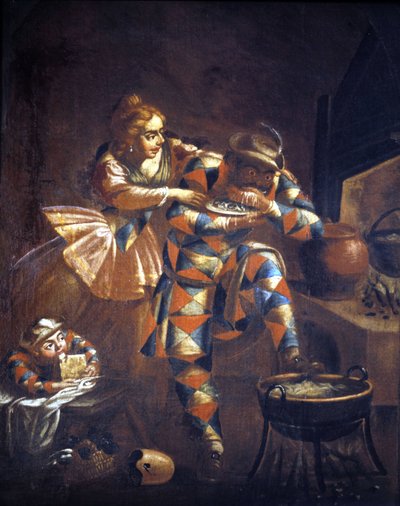 Harlekiini-ahmatti. Hän yrittää aina saada jotain syötävää, symboli menneiden vuosisatojen kurjuudesta. Maalaus 1700-luvulta. . Milano tekijältä Unknown artist