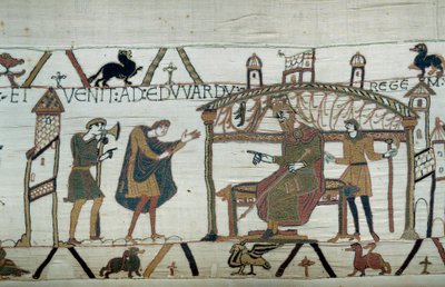 Harold, joka palasi Englantiin suurlähetystönsä jälkeen herttua Vilhelm Valloittajan (1027-1087) luona, esitti matkansa kuningas Edward tunnustajalle. Yksityiskohta Bayeux