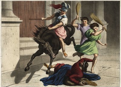 Heliodore (Heliodoros) ajettiin ulos temppelistä: hallitsijansa käskystä hän yritti turhaan ottaa haltuunsa Jerusalemin temppelin ryöstäjät. Anonyymi kaiverrus 1800-luvun puolivälistä. tekijältä Unknown artist