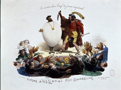 Hernanin ylevä, romanttinen ruokalaji - sarjakuva Victor Hugon näytelmästä "" Hernani"" ("Hernanin taistelu"), anonyymi litografia tekijältä Unknown artist